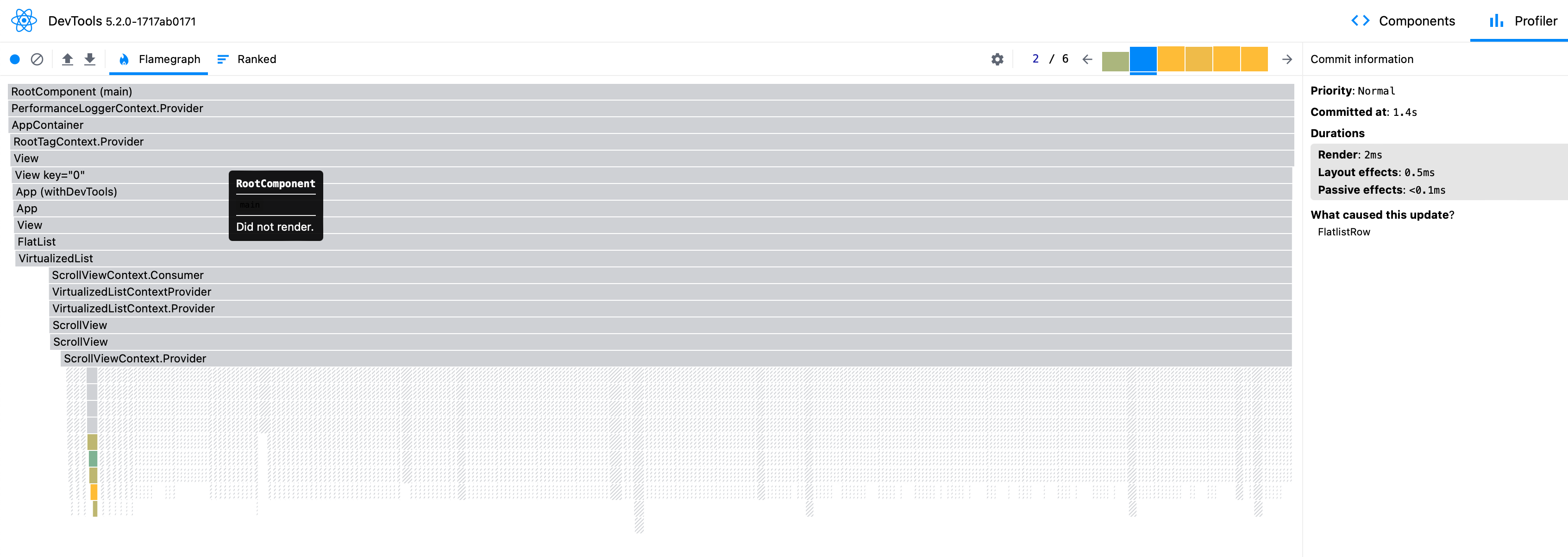 React Profiler Results of Baseline Flatlist showing ~2 millisecond render times